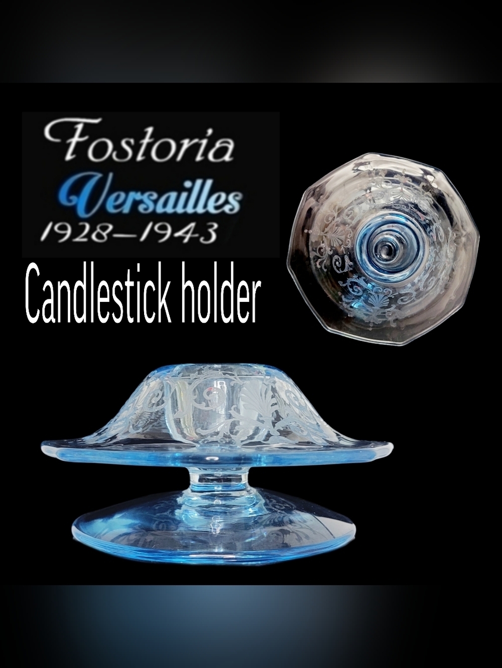 1 Vintage Fostoria Versailles etched Azure clear blue Mushroom Shape Candlestick